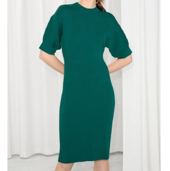 & Other Stories Dresses & Skirts - & Other Stories Green Fitted Rib Knit Midi Dress Puff Short Sleeve Medium Holida
